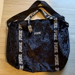 PINK Black Crushed Velvet Logo Tote